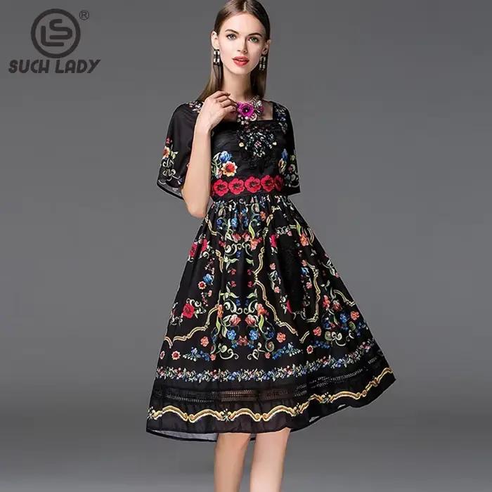 Robes de piste élégantes pour femmes, encolure carrée, manches courtes, imprimé Floral, broderie, High Street