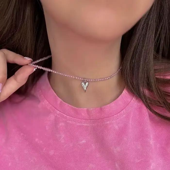 Collier pendentif coeur en cristal pour femmes, style Boho Barlotte, chaîne de perles d'imitation, bijoux, cadeau de saint valentin, N526