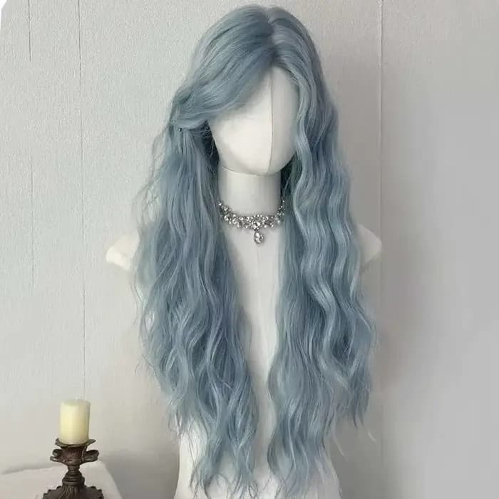 Perruque synthétique longue et bouclée bleue avec raie au milieu, style Lolita, résistante à la chaleur, pour femmes, usage quotidien, fête, cosplay