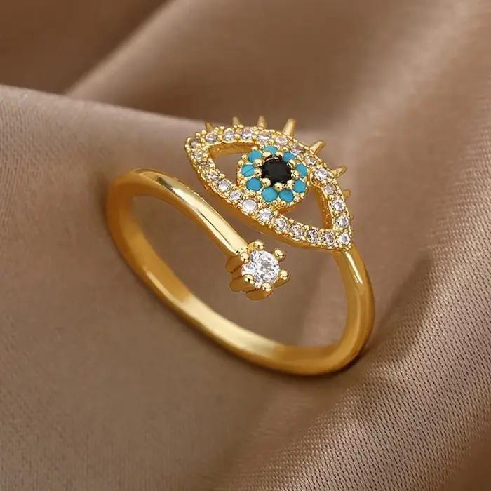 Bagues ouvertes couleur or argent mauvais œil pour femmes, anneau de doigt réglable en cristal, accessoires de bijoux de fête à la mode