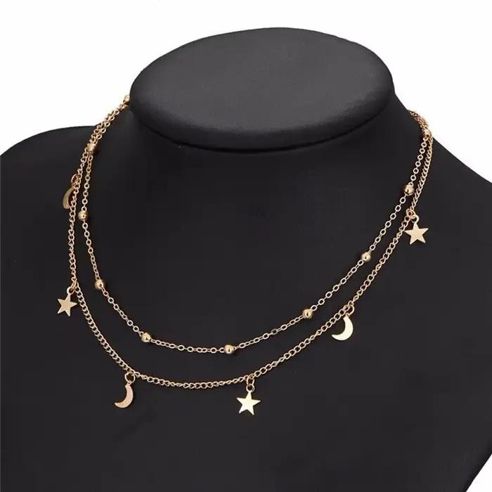 Étoile et lune pendentif clavicule collier Double couches perles minimaliste femmes mode Collares été quotidien Bijoux Bijoux