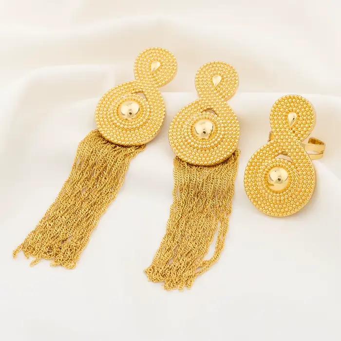 YM – bijoux plaqués or 18 carats pour boîte de nuit, reine, mode luxe, accessoire de bijoux de mariage, ensemble de boucles d'oreilles et bagues à pampilles longues