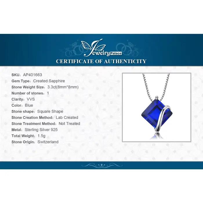 JewelpopPalace-Collier pendentif carré en saphir bleu pour femme, pierre précieuse, bijoux fins, argent regardé 925, 3,3 ct, No JOJ