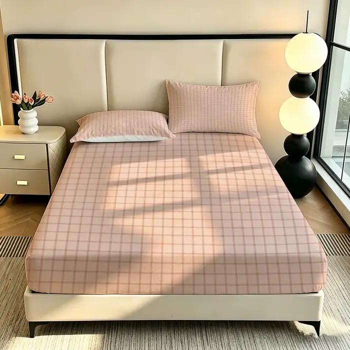 Ensemble de literie à fines rayures rose clair et marron, 3 pièces, drap-housse sans garnissage, literie douce pour la décoration de la chambre à coucher