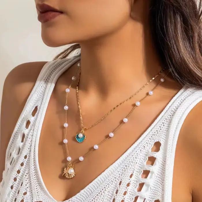 Collier en or pour femmes, couche de coquillage de mer, style Boho, été, coquillage, plage, étoile de mer, perle, surfeur, bijoux, tenues de vacances, cadeaux