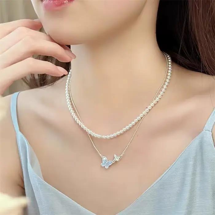 Bracelet papillon luxueux et brillant en zircon pour femmes, collier double papillon en strass bleu, ensemble boucles d'oreilles, bijoux de fête