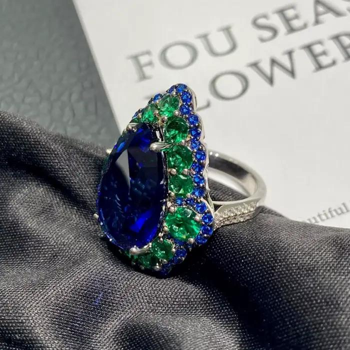 WUIHA – bague de fiançailles en argent Sterling 100% 925, saphir de laboratoire, émeraude, diamants à haute teneur en carbone, pierres précieuses, bijoux fins