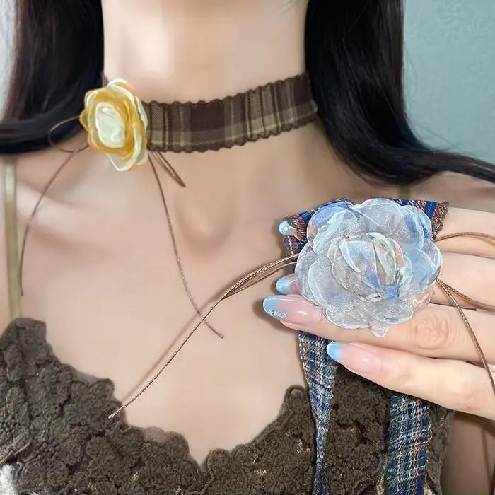 Colliers ras du cou en fil imprimé écossais plissé pour femmes, ruban Vintage français, écharpe à fleurs, chaîne de cou, bijoux de fête d'anniversaire