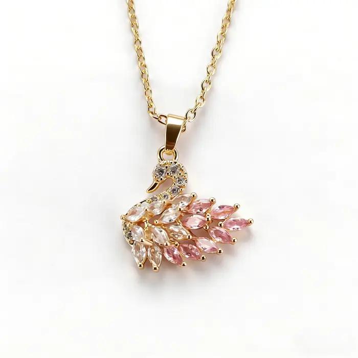 Collier élégant avec pendentif en cristal en forme de cygne rose pour femmes, bijoux de luxe à la mode, cadeau de noël, d'anniversaire, de saint-valentin