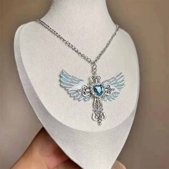 Collier ras du cou Y2K en cristal en forme de cœur, style punk, pour femme, accessoire sexy gothique à la mode coréenne, avec pendentif ailes et croix