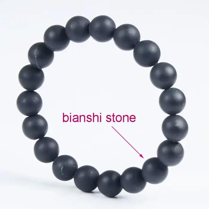 Bracelet à breloques en pierre naturelle Bian pour homme, véritable pierre plate ronde noire Biankr, cadeau de bijoux