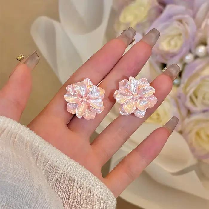 Boucles d'oreilles à tige fleur rose en résine pour femmes, mode coréenne moderne, camélia acrylique mignon, accessoires de bijoux de fête pour filles, nouveau