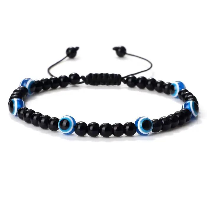 Mode turc mauvais œil Bracelets 4mm noir pierre naturelle perles tressé à la main hommes obsidienne Bracelet bijoux Pulseras Homme
