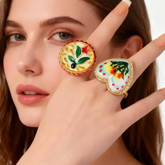 Bague en métal de style ethnique pastoral unique, imprimé fleurs et plantes, grenade, forme irrégulière et cœur, pour femme, NOUVEAU