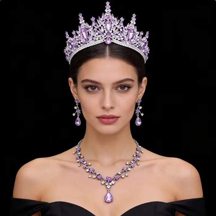 Parures de bijoux de mariée de luxe pour femmes, ensemble de 3 pièces, diadèmes et collier, boucles d'oreilles, couronne de mariage, accessoires de bijoux pour mariées