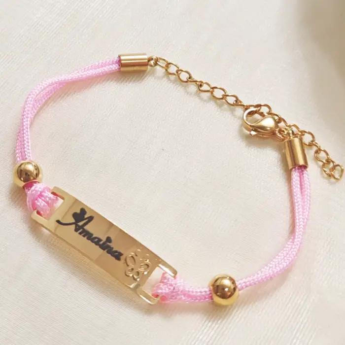 Bracelet en nylon rose personnalisé avec ajustement automatique, lettres de nom électroplaquées, cadeau de bijoux pour femmes