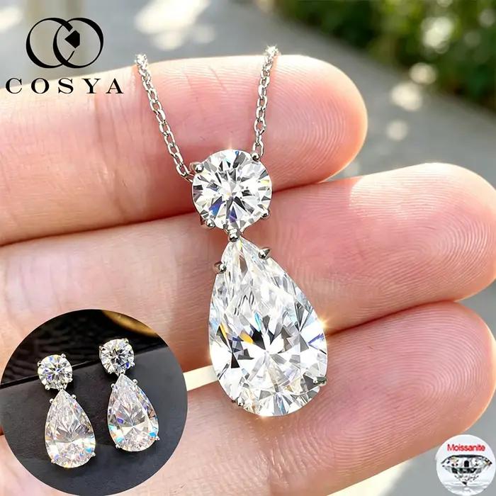 COSYA – ensemble collier/boucles d'oreilles en moissanite en forme de goutte d'eau pour femmes, 100% argent S925, diamant taillé en forme de poire, bijoux fins pour mariage, cadeau