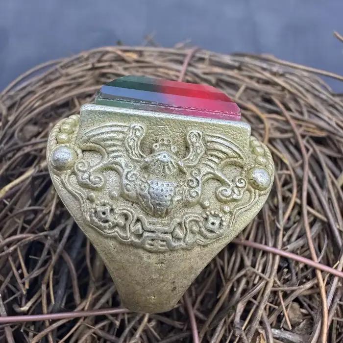 Bague ouverte vintage en argent massif, sertie à la main de deux cabochons carrés glacés bicolores en jadéite ancienne, ornement de doigt rétro pour homme