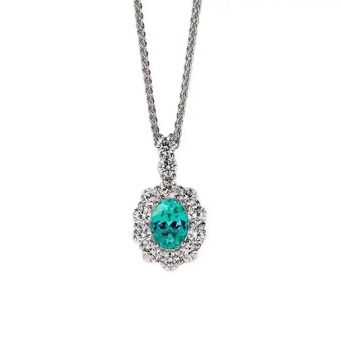 Pendentif en pierres précieuses incrustées de diamants en argent 925 pour femme, collier Paraiba brillant, bijoux exquis, mode rétro, luxe, bleu-vert