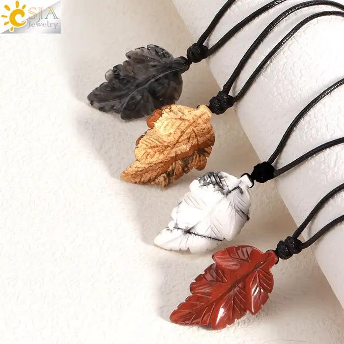 CSJA – collier avec pendentif feuilles en pierre naturelle pour femmes, colliers en cristal sculpté à la main, bijoux pour hommes, cadeau d'halloween H246