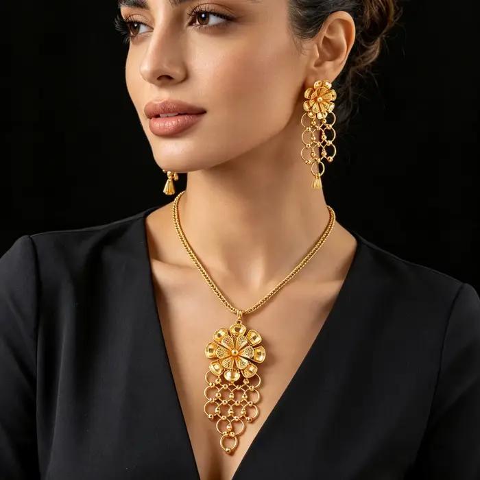Bijoux en acier inoxydable pour femme, bijoux en or 24 carats de Dubaï, ensemble collier et boucles d'oreilles, hypoallergénique, imperméable, cadeaux de mariage pour femmes