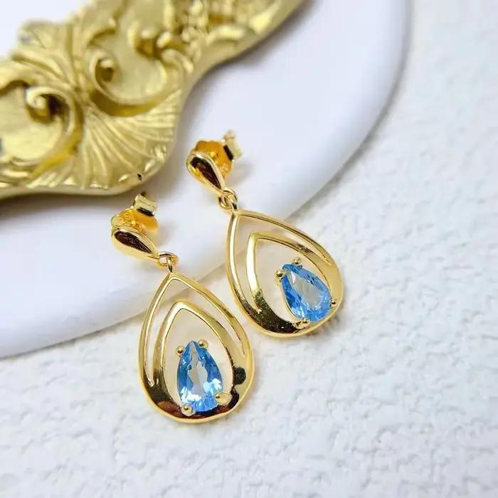 Boucles d'oreilles pendantes en topaze naturelle bleu clair, bijoux en argent, sans allergie, plaqué or 18 carats, 4mm * 6mm, total 0,7 ct