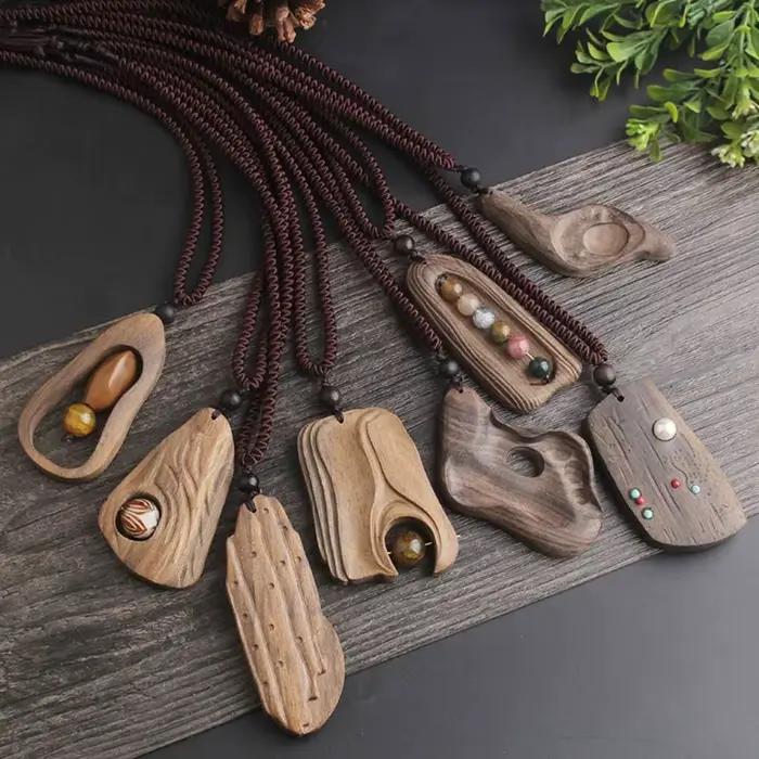 Collier Pendentif Abacus Gourd Bohème Ethnique Longue Chaîne pour Pull, Bijoux Bouddhistes, Accessoires Femme, Collier de Perles en Bois