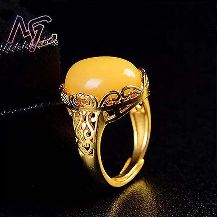 Bagues en ambre jaune, amulette porte-bonheur, Talismans, véritable pierre précieuse, Vintage, cadeaux de luxe de styliste pour femmes, bijoux naturels