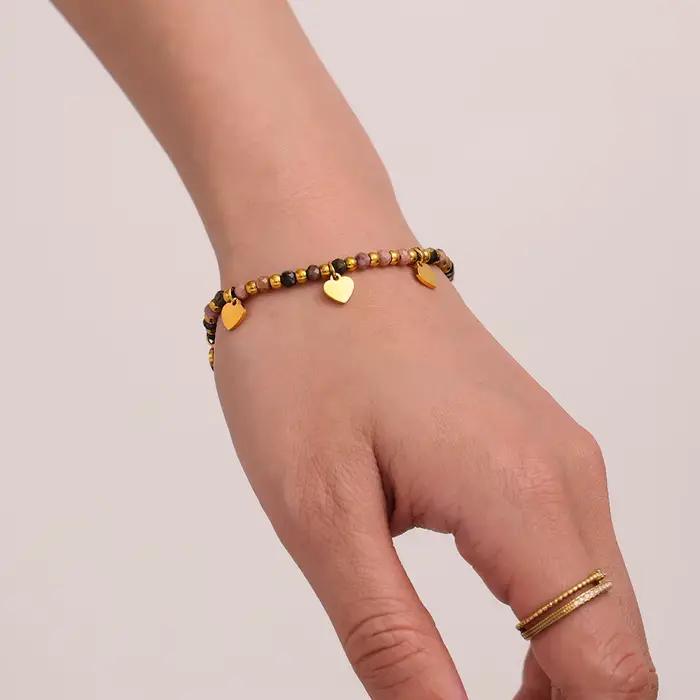 Collier et bracelet avec pendentif en forme de cœur en pierres naturelles pour femmes, plaqué or 18 carats, perles rondes en acier inoxydable, bijoux à breloques