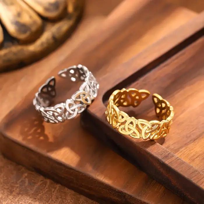 Bague en acier inoxydable plaqué or à nœud celtique de luxe léger, métal lourd imperméable et ne se décolore pas, avec bague réglable
