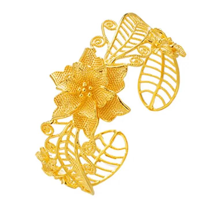 Bracelet fleur creux plaqué or pur pour femme, bracelet plaqué or véritable 24 carats, bijoux de mariée de mariage, 18 carats, 100%