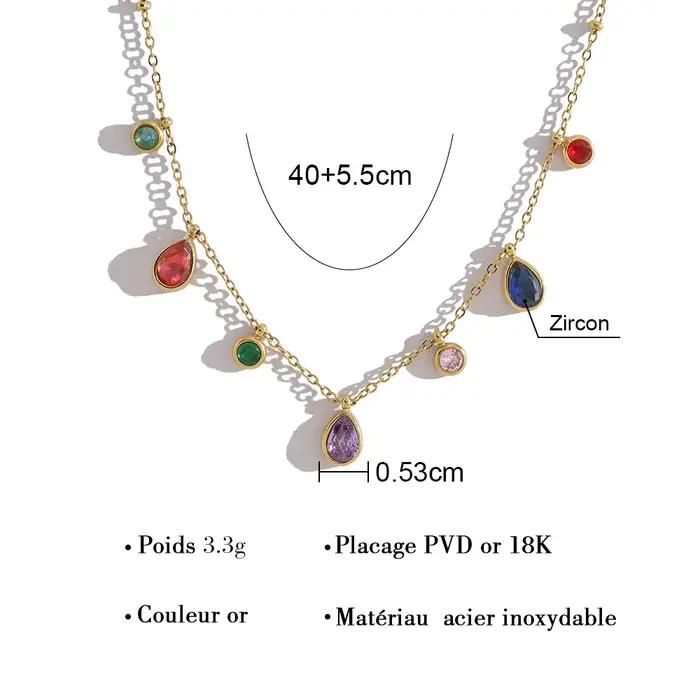 YACHAN Collier en acier inoxydable avec pendentif en cristal de zircon coloré pour femmes, chic, luxueux, vintage, bijou plaqué or 18 carats