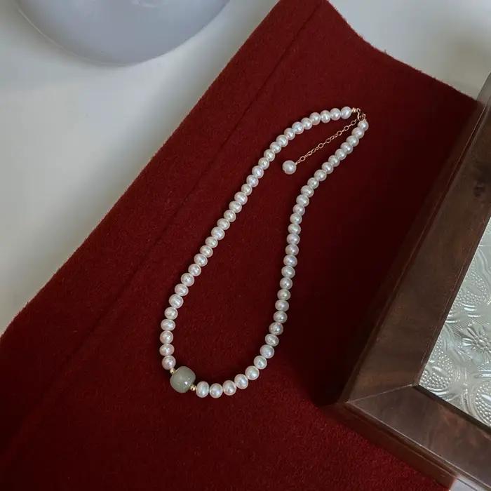 Collier 100% naturel brillant en perles d'eau douce et pierre de Jade néphrite, rempli d'or 14K, bijoux pour femmes, chaînes courtes, cadeaux