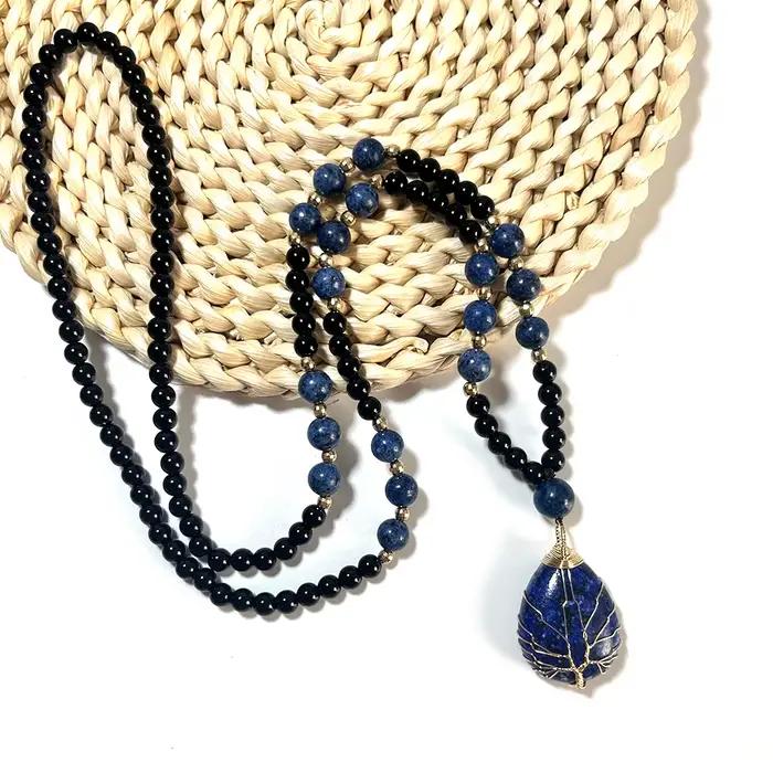 Collier de perles d'onyx noir Lapis Lazuli avec pendentif Lapis Lazuli pour hommes et femmes