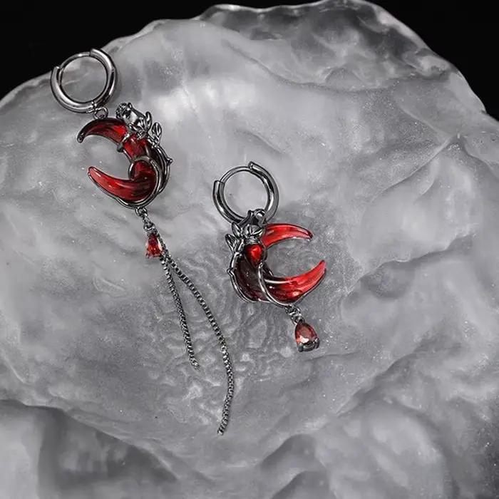 Boucles d'oreilles asymétriques Red Moon Gem, style hip-hop gothique sombre, pendentifs à pampilles, chaîne, boucles d'oreilles pendantes, accessoire de bijouterie