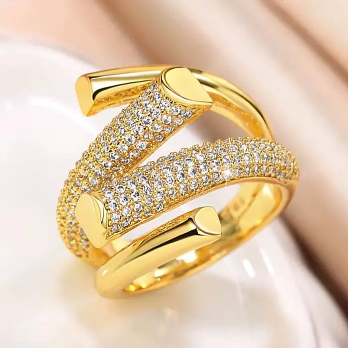 Bague Huitan Hyperbole en forme géométrique couleur or pour femme, luxueuse, pavée de zircons étincelants, pour usage quotidien, soirée, mode polyvalente, bijoux pour femme