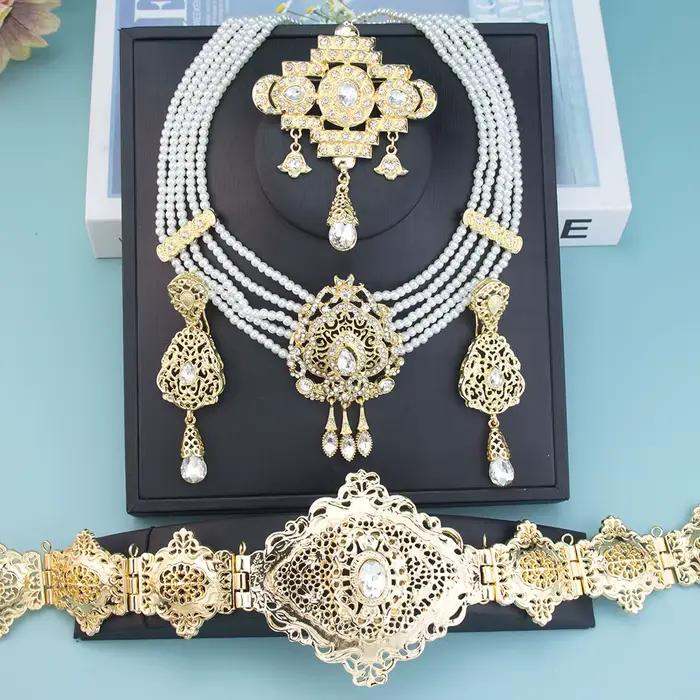 Sunspicems couleur or marocain Caftan ceinture taille chaîne femmes perles chaîne collier ras du cou longue boucle d'oreille arabe mariée bijoux de mariage
