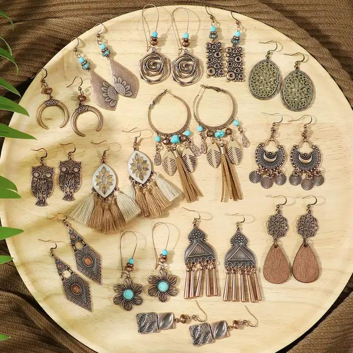 Boucles d'oreilles pendantes vintage bohèmes géométriques marron pour femme, bijoux ethniques tendance avec fleurs et pampilles en forme de goutte d'eau