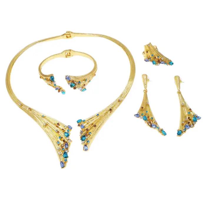 Ensemble de bijoux plaqués or pour femmes, dubaï, collier de luxe en pierre bleue, Bracelet, bague, ensembles de bijoux pour fête de mariage