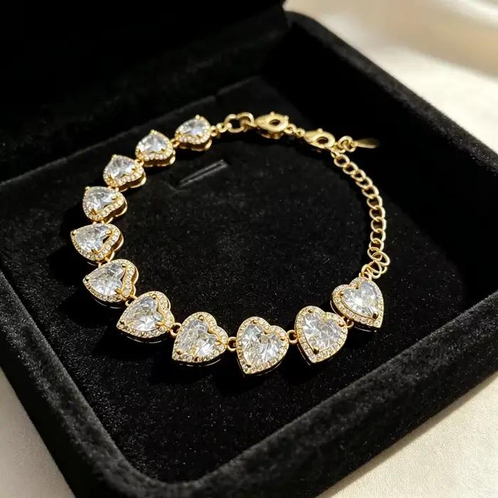 Bracelet chaîne tennis tendance en zircon cœur plaqué or, élégant, pour le quotidien et les fêtes, cadeau pour femme, fille, adolescente
