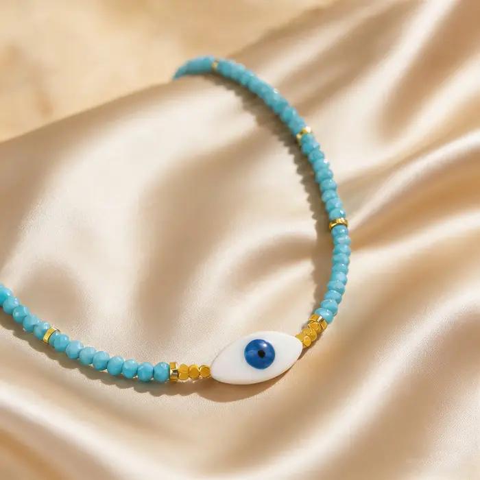 Collier ras du cou bohème en perles de cristal bleues avec pendentif œil porte-bonheur pour femme, bijoux de luxe bohèmes d'été, cadeaux