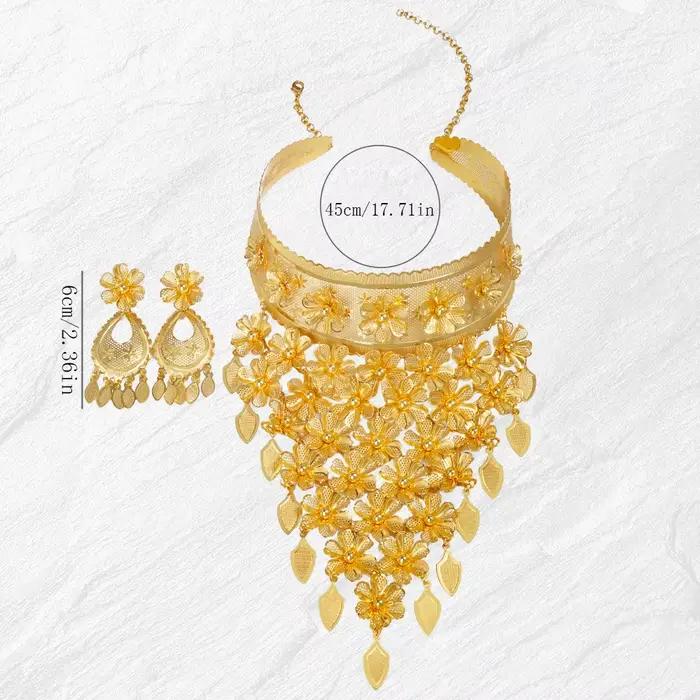 Parure de bijoux de luxe pour femmes nigérianes, collier à pampilles et boucles d'oreilles, motif floral, plaqué or classique de Dubaï, pour mariage, usage quotidien, fête, cadeau