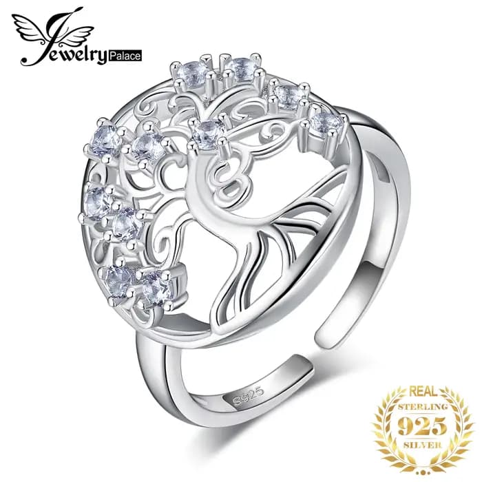 JewelpopPalace-Bague ouverte réglable en argent regardé 925 pour femme, arbre de vie, spinelle bleue créée, bijoux en pierres précieuses, déclaration