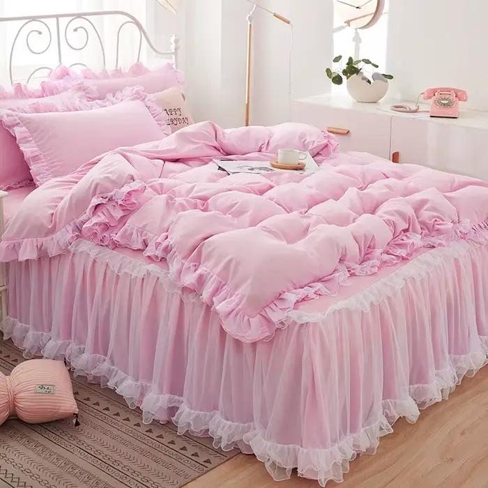 Parure de lit rose avec dentelle pour fille, drap de jupe princesse, couvre-lit pour document solide coréen, taie d'oreiller, décor de chambre à coucher, literie pour couple de mariage