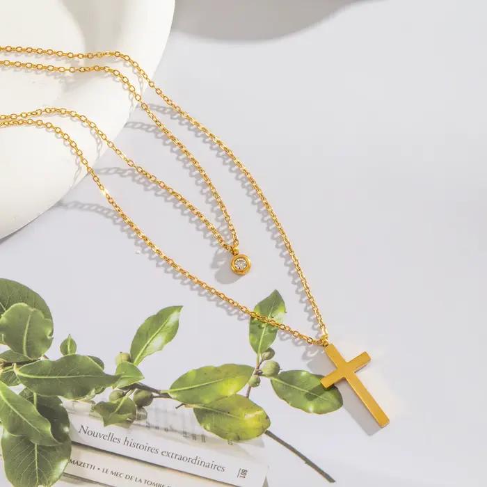 Collier superposé pour femme, double pendentif empilable avec CZ et croix, bijoux tendance en acier inoxydable, étanche et hypoallergénique