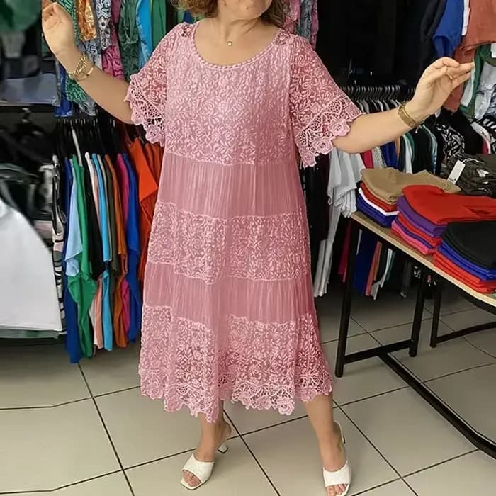 Robe longue brodée rétro à manches courtes pour femmes, col ras du cou, robe élégante pour dames, monochromatique, robe de soirée club, dentelle de bureau, mode 2024