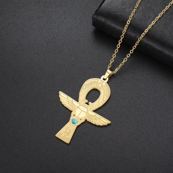 Kkjoy Collier Scarabée Croix Ankh Égyptienne Ancienne en Acier Inoxydable avec Incrustation de Turquoise, Pendentif Symbole Mystique, Bijoux Or et Argent