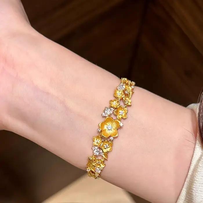 Bracelets Vintage à fleurs éblouissantes brossées pour femmes, classique, exquis, incrusté de diamants, bijoux fins pour banquet et mariage