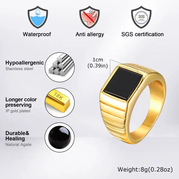 Bague en pierre noire pour hommes, bague carrée en acier inoxydable de couleur or, bague de pouce, chevalière, bague de mariage, cadeau de bijoux classique à la mode