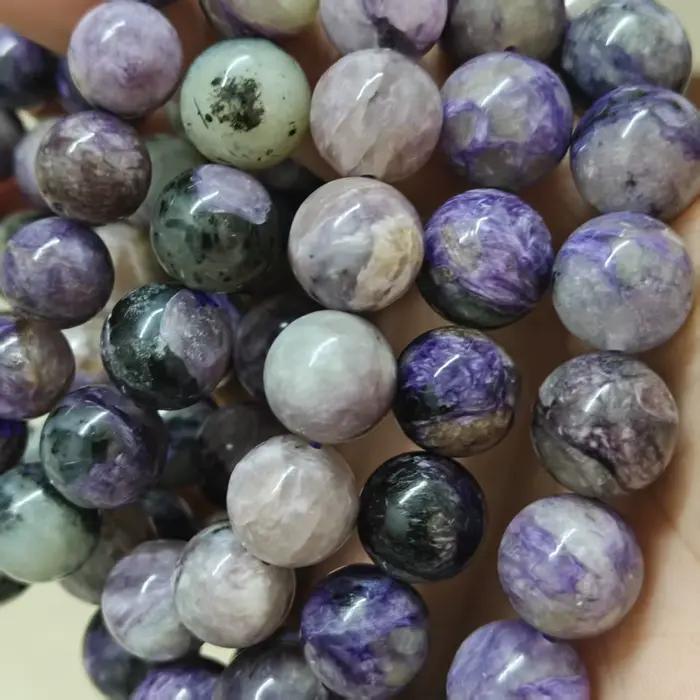 Perles de charoite naturelle lisses et rondes pour la fabrication de bijoux, bracelet en corde élastique, bijoux faits à la main
